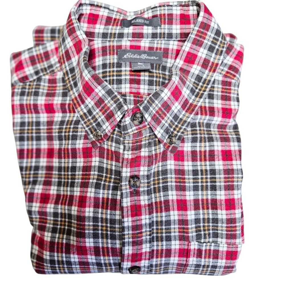 Eddie Bauer Relaxed Fit Flannel Shirt Size L Red Black Plaid Button Down Collar - Picture 4 of 9
